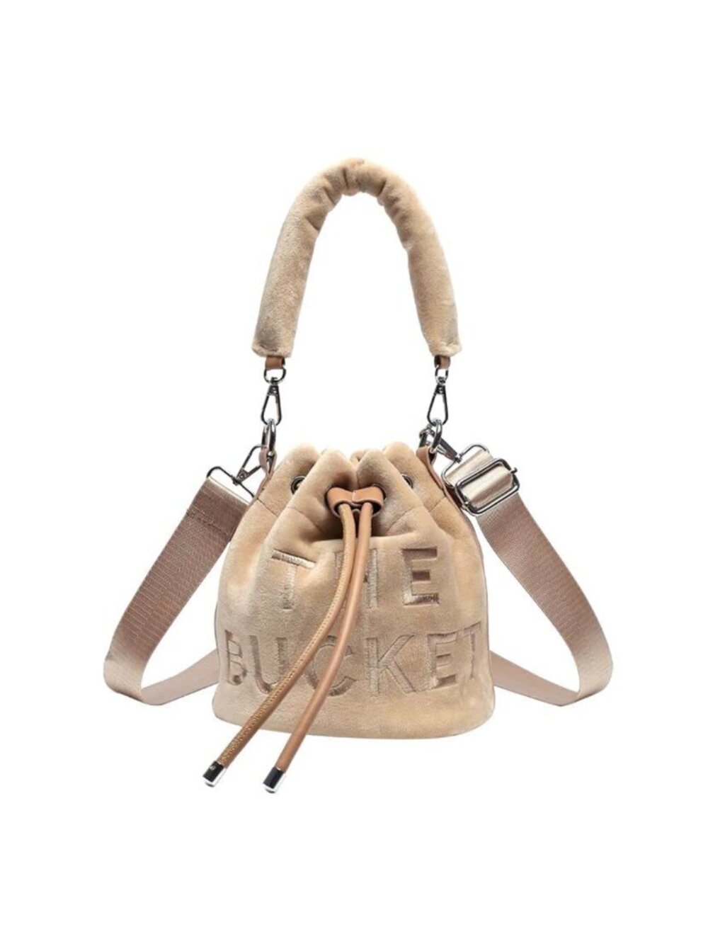 Soft Plush Velvet Mini Bucket Bag Drawstring Crossbody Purse